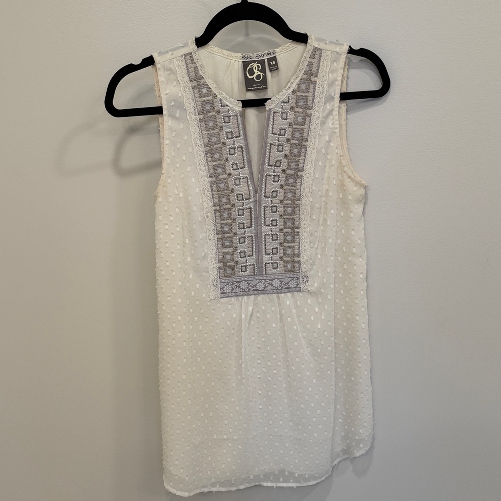Anthropologie White Sleeveless Blouse with Gray Embroidery